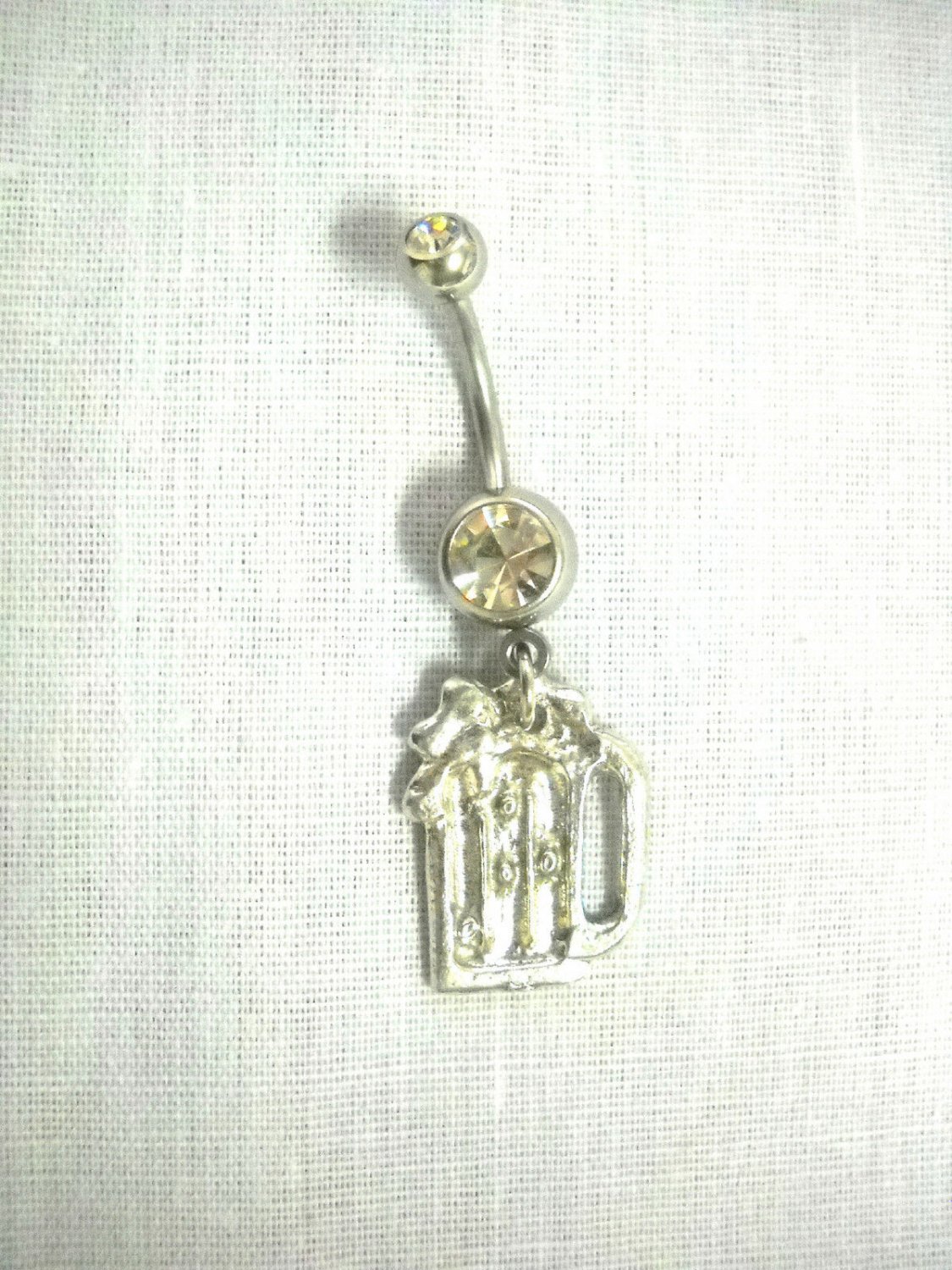 KEG PARTY FOAMY BEER MUG DETAILED PEWTER CHARM ON CLEAR CZ BELLY BUTTON RING