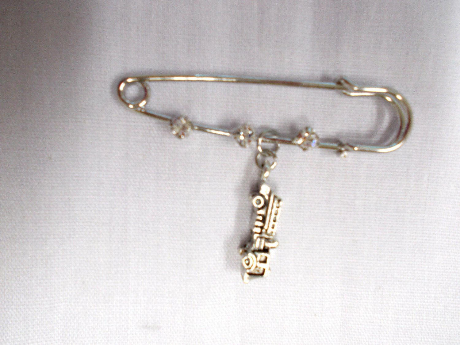 2" SAFETY PIN w 3 CRYSTALS BROOCH & FIRE TRUCK FIRST RESPONDER BRAVE HERO CHARM