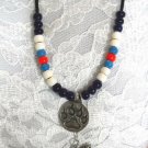 PEWTER WOLF PAW PRINT DISC & 3D WOLF ON A CHAIN w CERAMIC ACCENT BEADS NECKLACE