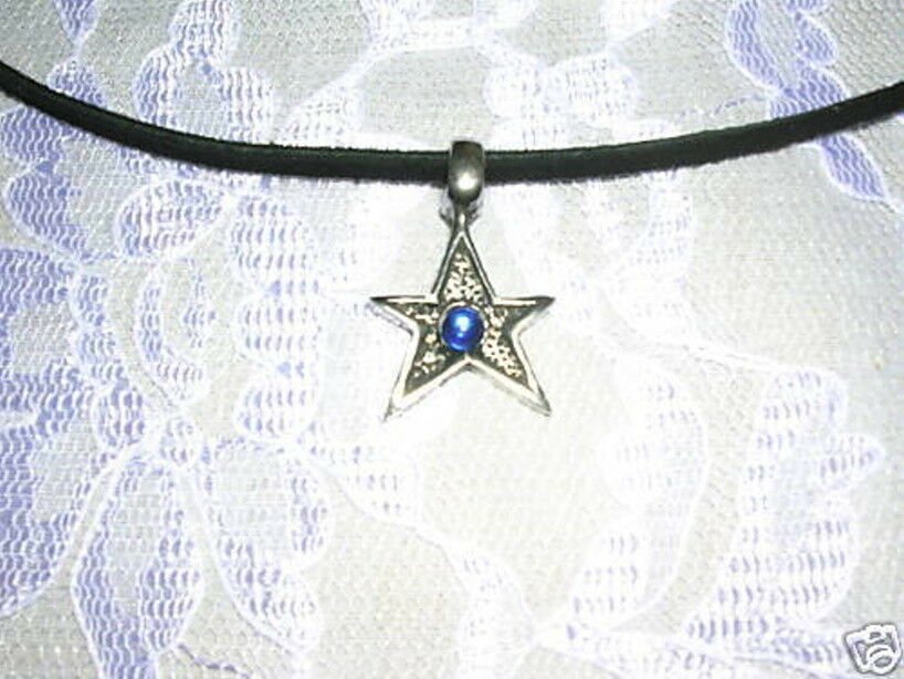COOL SHAPED ROCK STAR w DARK BLUE CRYSTAL THICK USA PEWTER PENDANT NECKLACE