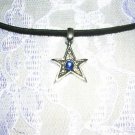 COOL SHAPED ROCK STAR w DARK BLUE CRYSTAL THICK USA PEWTER PENDANT NECKLACE