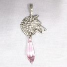 ENGRAVED PEWTER ANIMAL WOLF PROFILE w PINK GLASS PRISM PENDANT ADJ NECKLACE