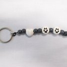 GRAY & WHITE CERAMIC BEADS & WHITE HEART BEAD w 2 WOLF PAW PRINT DISC KEY RING