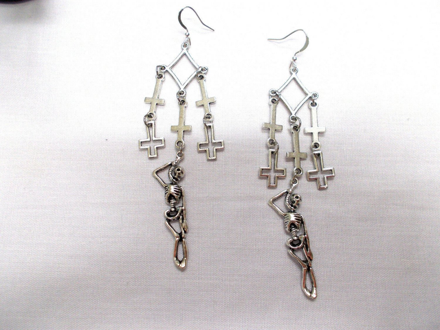 Alchemy Inverted Cross Charms with Hangman Skeleton Long Dangling Earrings