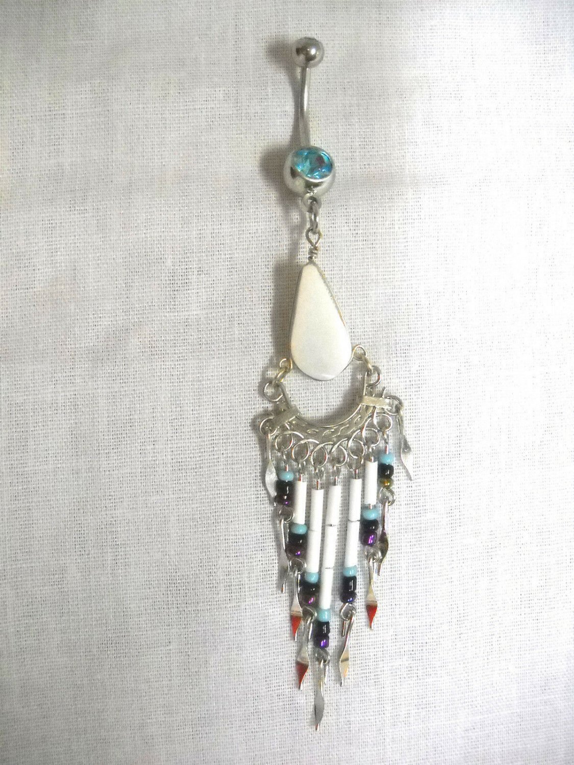 WHITE AGATE DROP & DANGLING TASSELS w SEED BEADS TURQUOISE BLUE GEM BELLY RING