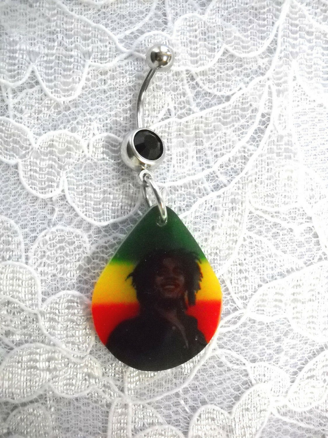 SMILING BOB MARLEY PIC DROPLET SHAPE RASTA COLORS ON BLACK CZ BELLY BUTTON RING 