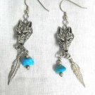 Fierce Pewter Wolf Head with Feather and Turquoise Nugget Dangling Earrings