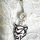 WHITE DEVIL HEAD CHARM ON DAZZLING 14G CLEAR PRONGED CZ BELLY BAR NAVEL RING
