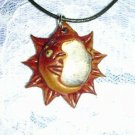 HAND MADE TERRA COTTA CLAY SUN & CRESCENT MOON w CLEAR GLASS PENDANT NECKLACE
