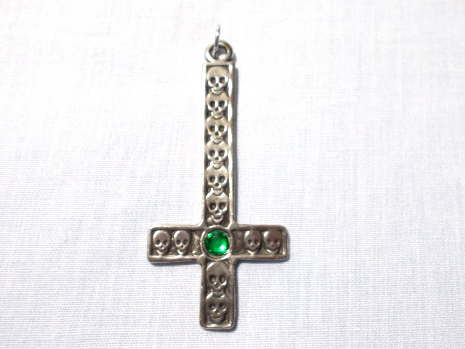 Satanic Inverted Cross and Human Cranium Skulls Green Crystal 3" Huge Pendant Necklace
