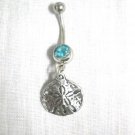 OCEAN SAND DOLLAR BEACH FUN PEWTER CHARM on 14g TURQUOISE BLUE CZ BELLY RING