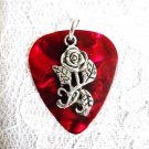 REAL RED GUITAR PICK and OPEN ROSE FLOWER DOUBLE PENDANT ADJ NECKLACE