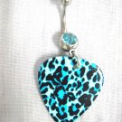 NEW 2 TONE BLUE w BLACK CHEETAH PRINT GUITAR PICK w BLUE CZ BELLY BAR NAVEL RING