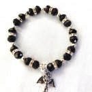 ICARUS CHARM on BLACK CRYSTAL BEADS and RHINESTONE RINGS STRETCH BRACELET 7"