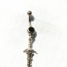 DAGGER SWORD EXOTIC DECORATED DANGLING CHARM ON 14g DARK PURPLE CZ BELLY RING