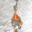 COOL PEACHY ORANGE CATS EYE DROPLET 3 TIER BOLLYWOOD CLEAR CZ BELLY BUTTON RING
