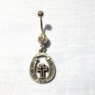 Lucky Horseshoe with Black Cross Engraved Accents on 14g Clear CZ Belly Ring