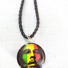 CLASSIC BOB MARLEY STRIPE GLASS DOUBLE SIDED PENDANT BLACK LEATHER 18" NECKLACE