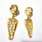 CHUNKY CLEAR RHINESTONES IN GOLD TONE 2 SECTION GEOMETRIC CLIP ON EARRINGS
