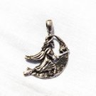 WITCH RIDING HER BROOMSTICK w CAT and MOON PEWTER PENDANT ADJ CORD NECKLACE