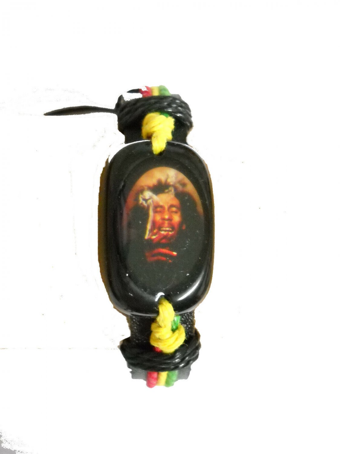 BOB MARLEY SMOKING WEED INLAY ACRYLIC MEDALION BLACK LEATHER ADJ BRACELET