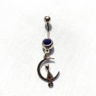 CAT SITTING ON CRESCENT MOON SLIVER CHARM 14g MIDNIGHT BLUE CZ BELLY RING BAR