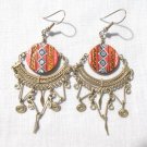 Colorful Aztec Design Round and Dangling Spiral Alpaca Silver Pair of Earrings