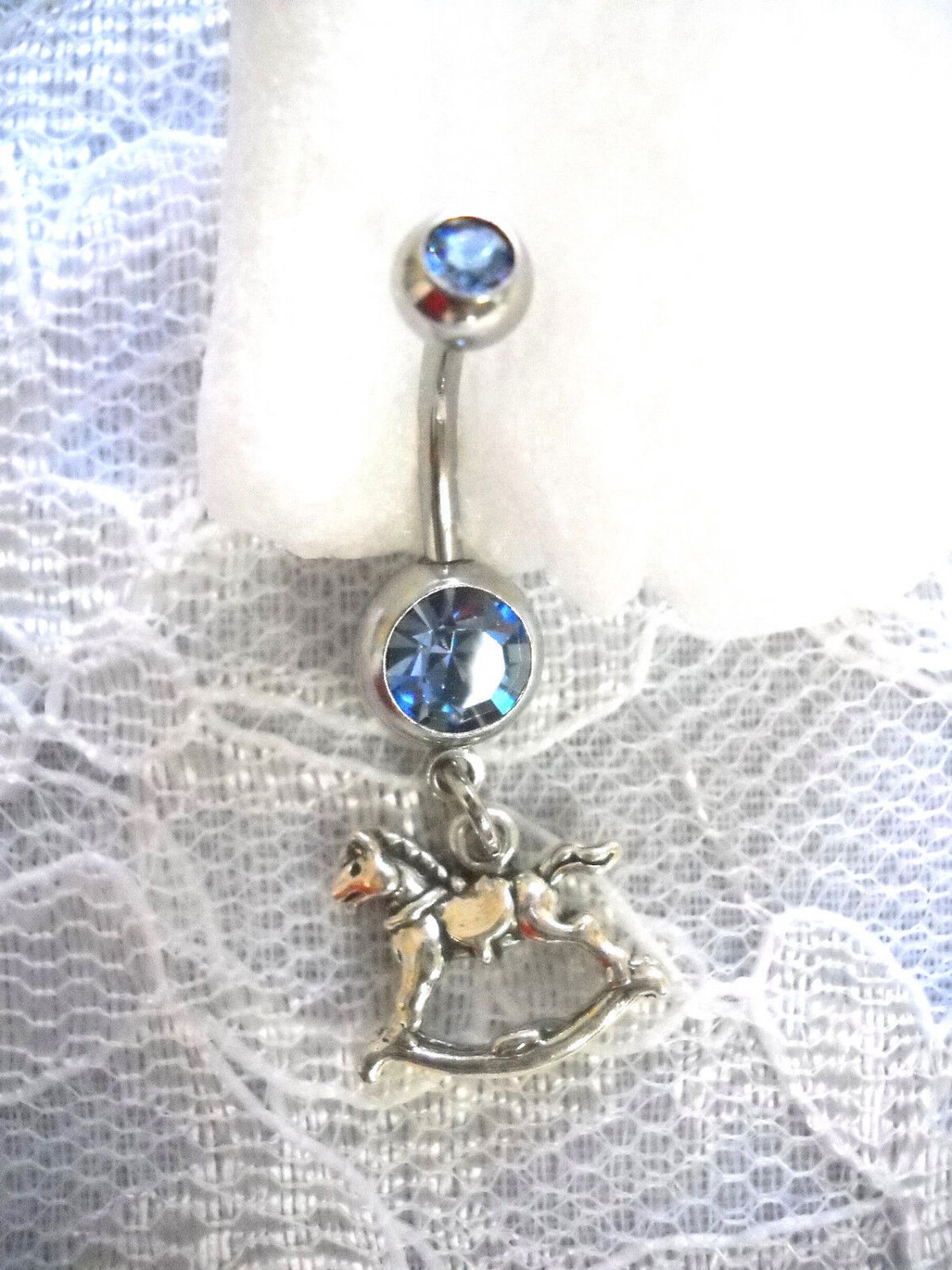 STERLING SILVER 3D DETAILED ROCKING HORSE CHARM BABY BLUE CZ BELLY BUTTON RING