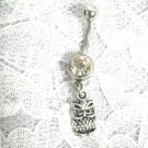 DANGLING WISE OLD HOOT OWL CHARM ON DBL CLEAR CZ BELLY BUTTON RING BODY JEWELRY