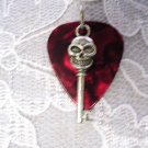 BLOOD RED GUITAR PICK and SILVER ALLOY SKULL KEY CHARM PENDANT ADJ NECKLACE