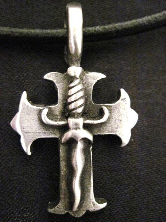 CROSS WITH KRIS DAGGER THAI CAST PEWTER PENDANT ON ADJUSTABLE CORD NECKLACE