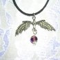 FEATHER WINGS with PURPLE GLASS DANGLE USA PEWTER PENDANT ADJ CORD NECKLACE