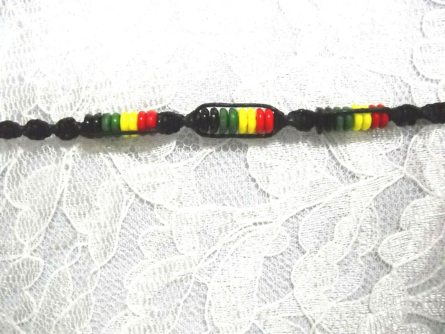 BLACK MACRAME SPIRAL RASTA RED GREEN YELLOW TIE ON BRACELET OR ANKLET 7