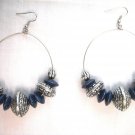RICH BLUE WOOD & ANTIQUED ALLOY BEADED BOHEMIAN HOOP STYLE ETHNIC PAIR EARRINGS