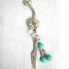 NEW FEATHER & 3 BLUE TURQUOISE DANGLING BEADS on 14g CLEAR CZ BELLY RING BARBELL