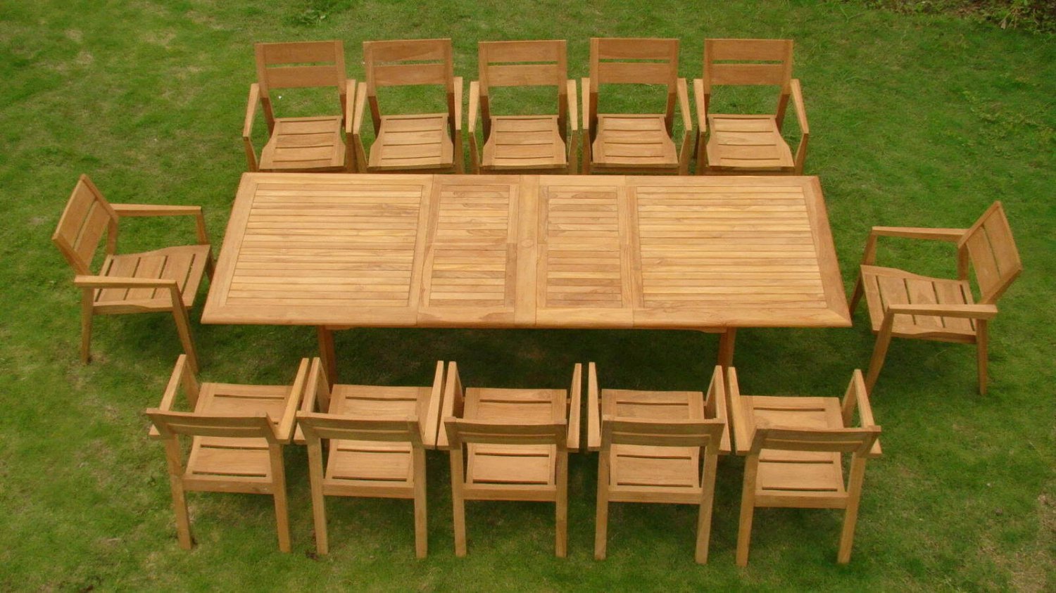 Teakdeals Relax 12 Stacking Arm Chairs, Celo 13-pc Outdoor Teak Dining: 117" Rectangle Ext Table