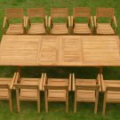 Teakdeals Relax 12 Stacking Arm Chairs, Celo 13-pc Outdoor Teak Dining: 117" Rectangle Ext Table