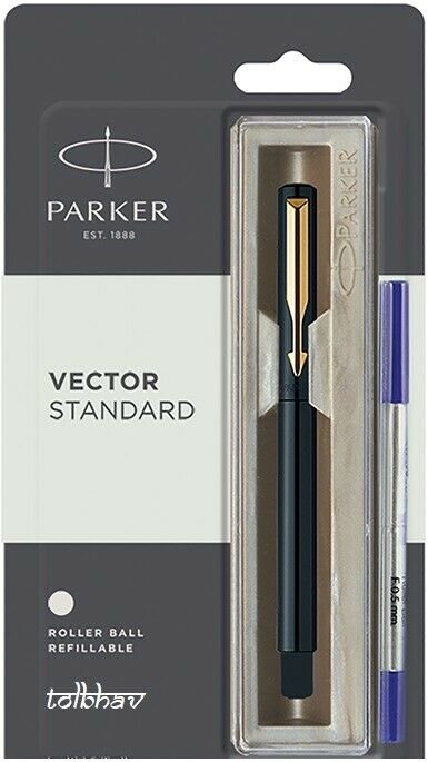 Parker Vector Standard Roller Ball Pen Gold Trim GT (Black Body) Blue ink