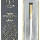 Parker Vector Steel GT Ball Pen Fine New Boxed SS Gold Trim Blue Ink Classic NIB
