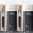 3 x Parker Jotter CT Chrome Trim Ball Point Pen, Black Body Blue Ink Fine Nib