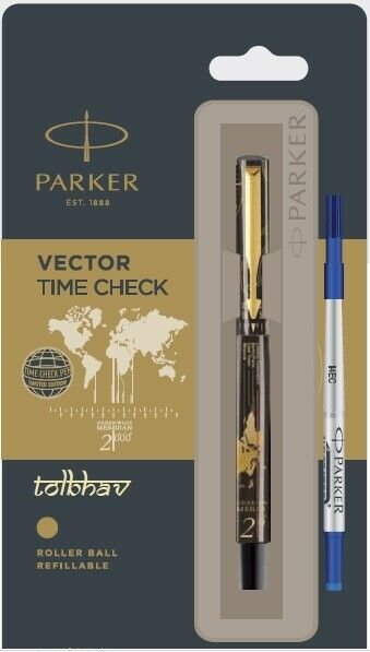 Parker Vector Time Check GT Roller Ball Pen Black Body Blue Ink Gold Trim RB New