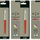 3 x Parker Jotter CT Chrome Trim Ball Point Pen, Red Body Blue Ink Fine Nib New