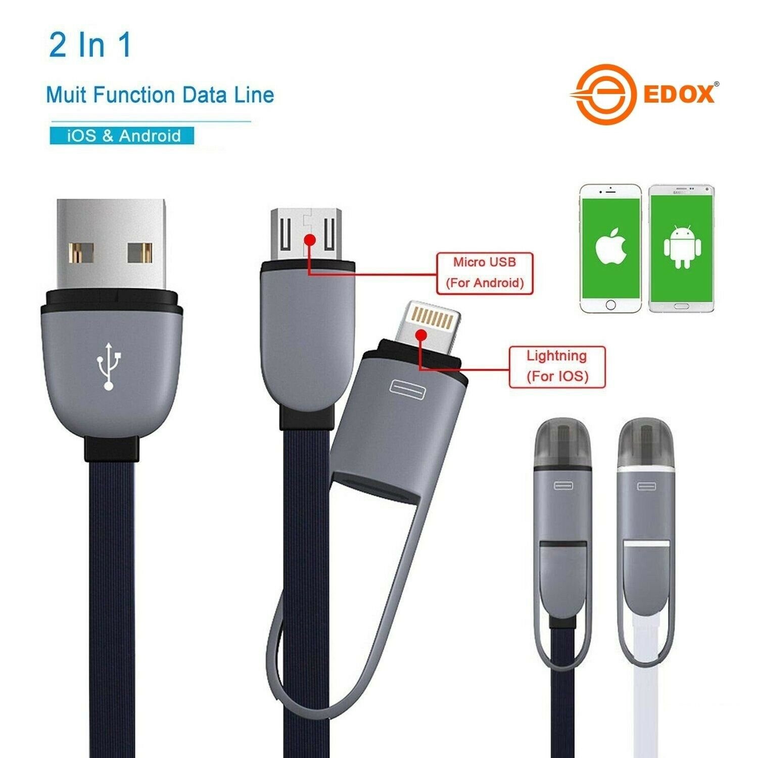 2 in 1 Micro USB Sync Data Charging Cable For Iphone 5/C/S/6 Android HTC Samsung