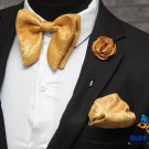 BLUE CITY Executive Gold butterfly bow tie set|gold bow tie|gold pocket square|gold rose lapel pin