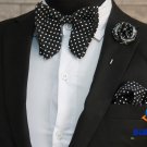 BLUE CITY black and white polka dot butterfly bow tie set|pocket square|rose lapel pin