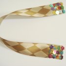 Brown and Cream Harlequin Satin Ribbon Bookmark Edged with Colorful Flower Sequin