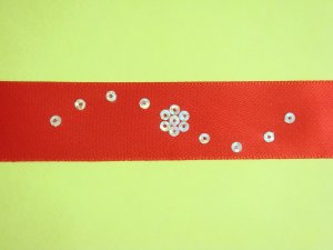 Red Satin Ribbon Bookmark with Silver Hologram Sequin Edging and Design
