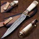 AN CUSTOM HANDMADE DAMASCUS STEEL 13" HUNTING KNIFE WITH BONE HANDLE