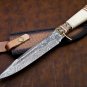 AN CUSTOM HANDMADE DAMASCUS STEEL 13" HUNTING KNIFE WITH BONE HANDLE