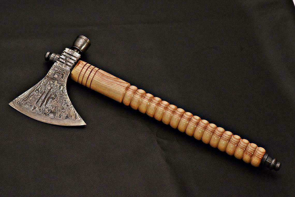CUSTOM HANDMADE DAMASCUS STEEL 15" AXE WITH UNIQUE SMOKE PIPE WOOD HANDLE